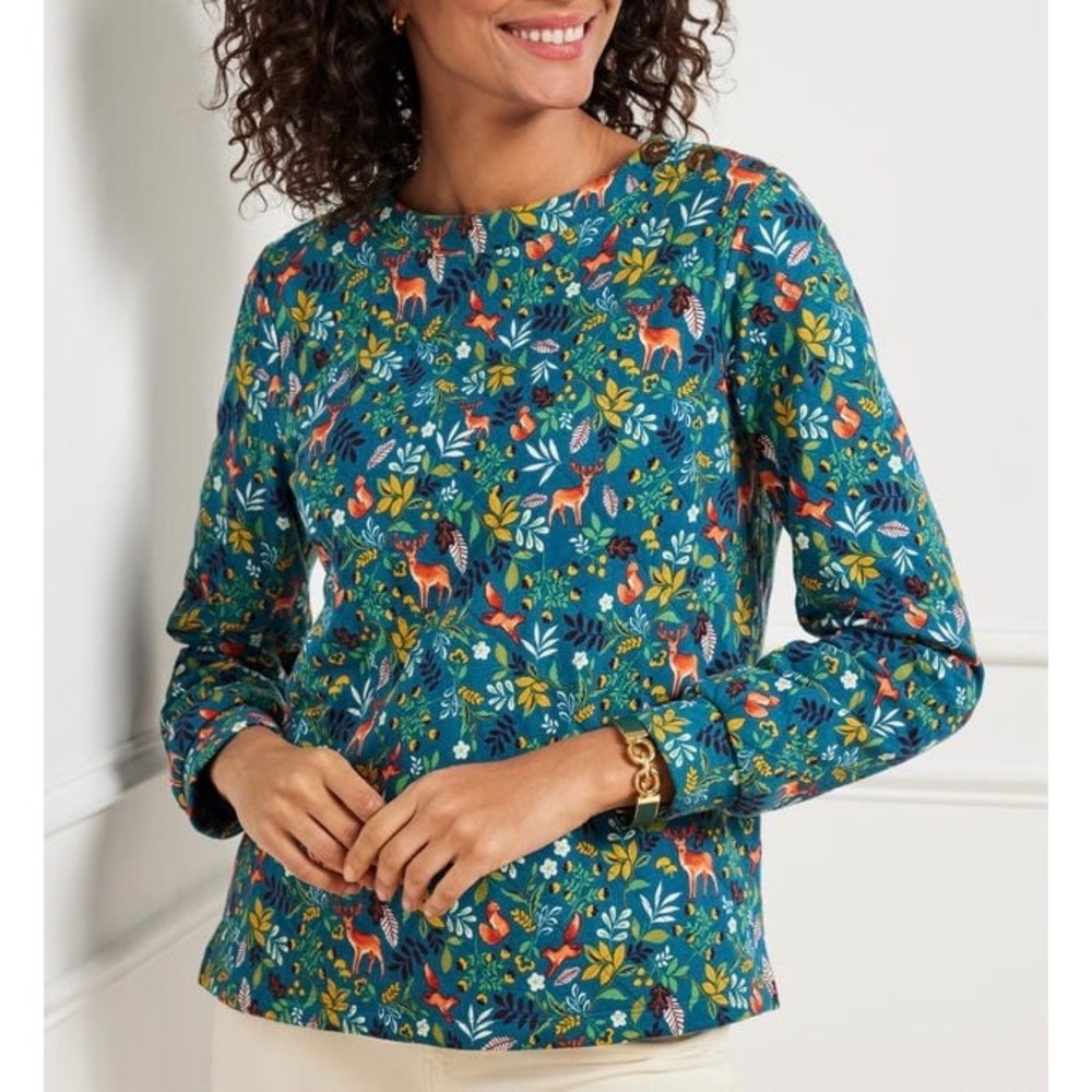 Talbots Top Sweatshirt Quilted Woodland Ditsy Deer Fox Teal Small